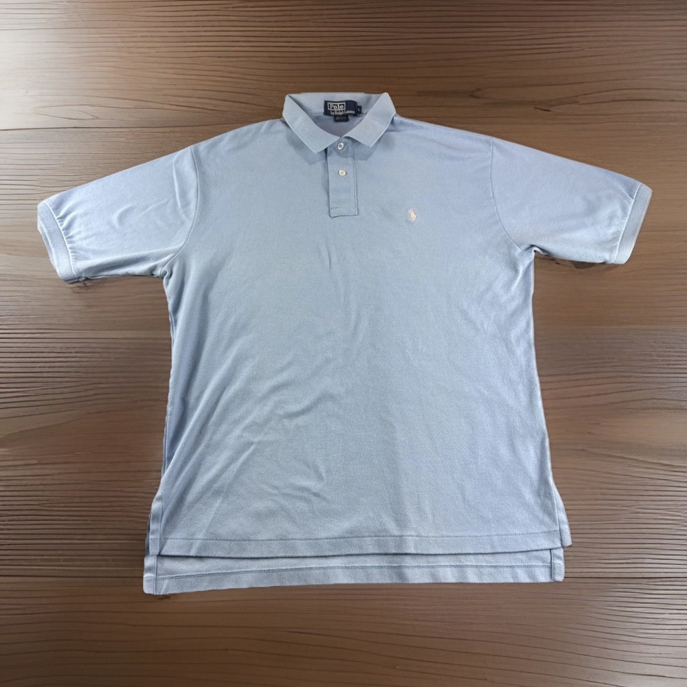 Vintage Polo Ralph Lauren Mens L Blue Short Sleeve Shirt Made in USA Pink Pony